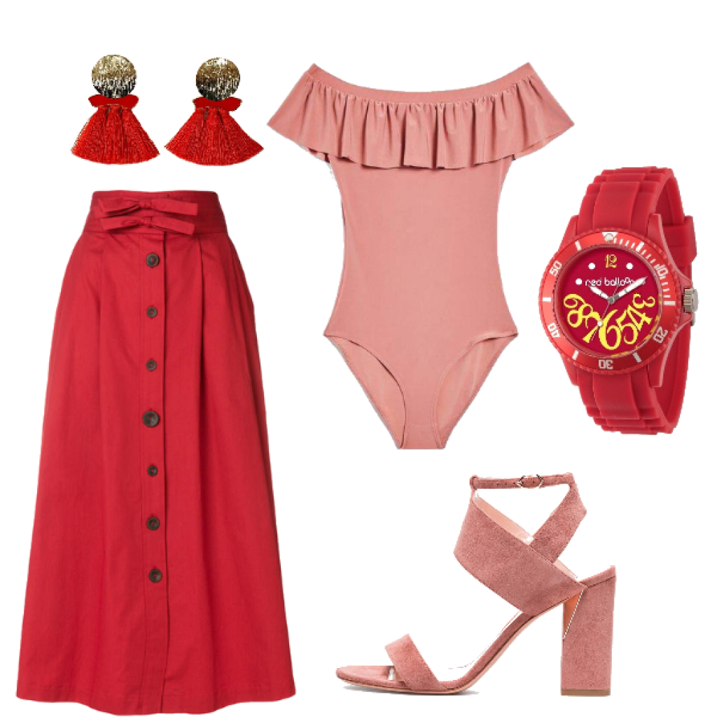 look rosa e vermelho modernos com saia em A